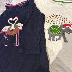 2 Girls Christmas 3/4 length sleeves- Flamingo top and elephant with Santa hat.